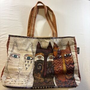 Laurel Burch Three Cats Canvas Tote Bag Zip Top Tribal Print